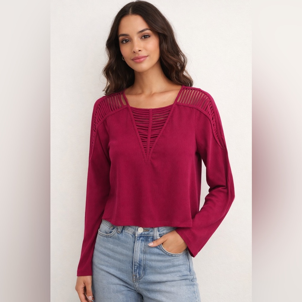 Sugar Lips Magenta Cutout V-Neck Long Sleeve Top | Trendy Boho Blouse